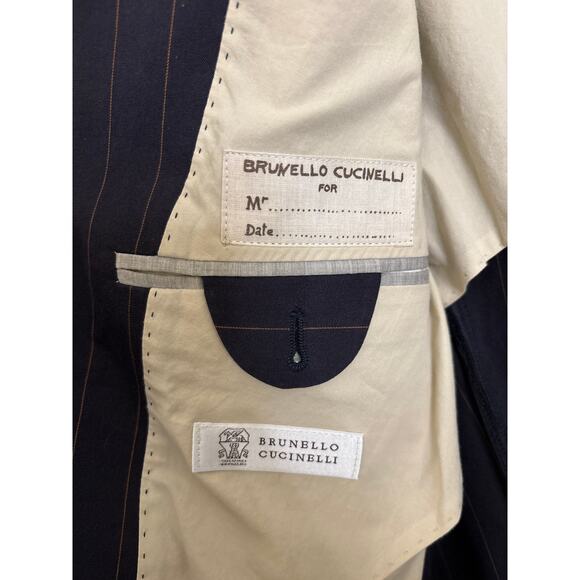 Brunello Cucinelli Blazer Mens IT50 40R Sport Coat Navy Pinstripe Elbow Patches - Picture 5 of 11